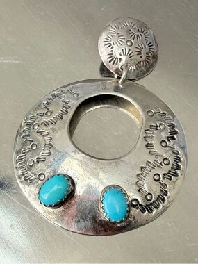 Vintage Navajo Sterling Silver & Turquoise Concho Pendant – Hand Stamped